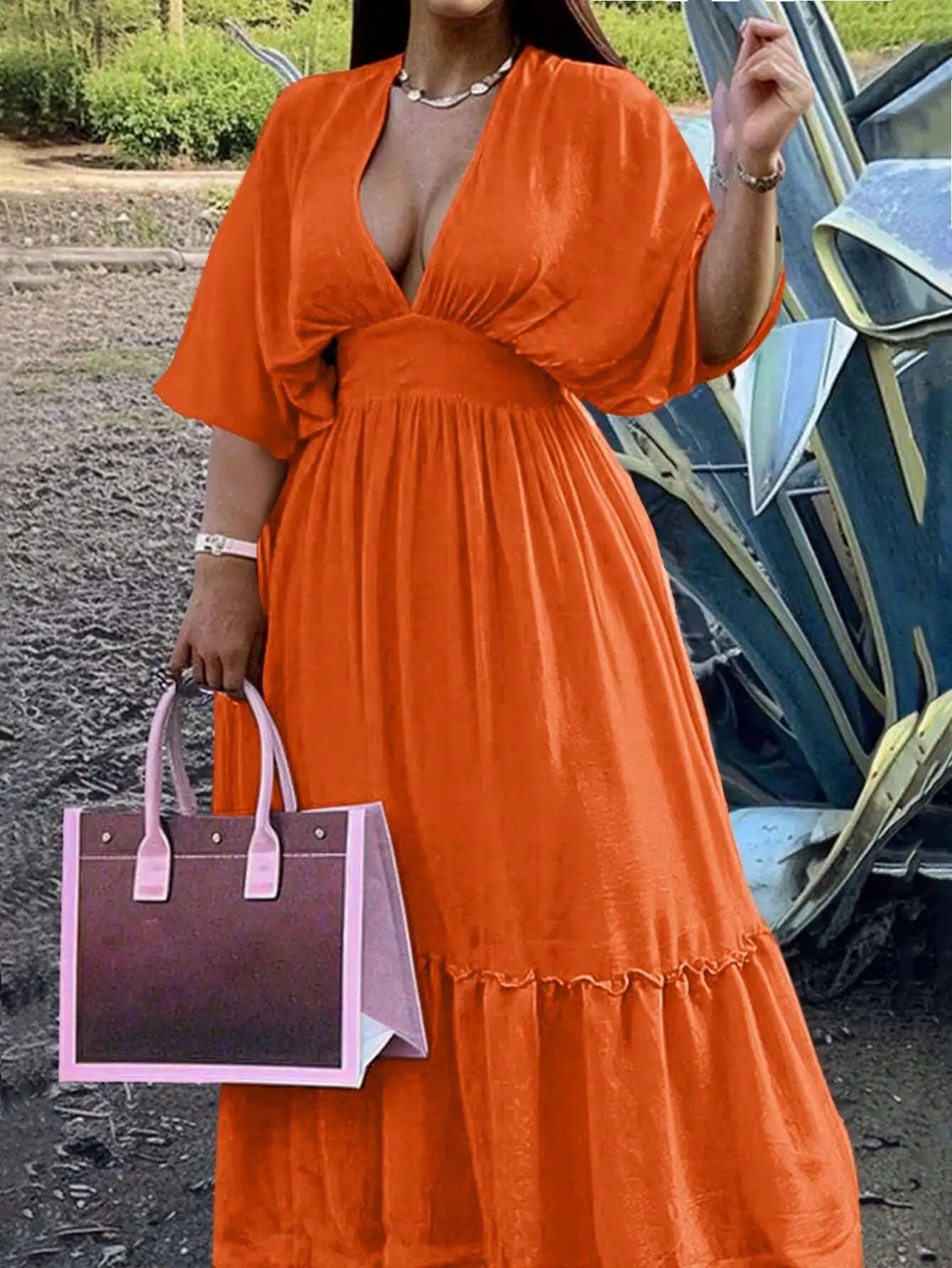 

Orange Plus Size V-Neck Cold Shoulder Maxi Dress With Cinched Waist, Ruffled Hem, And Flowy A-Line Silhouette For Summer Parties