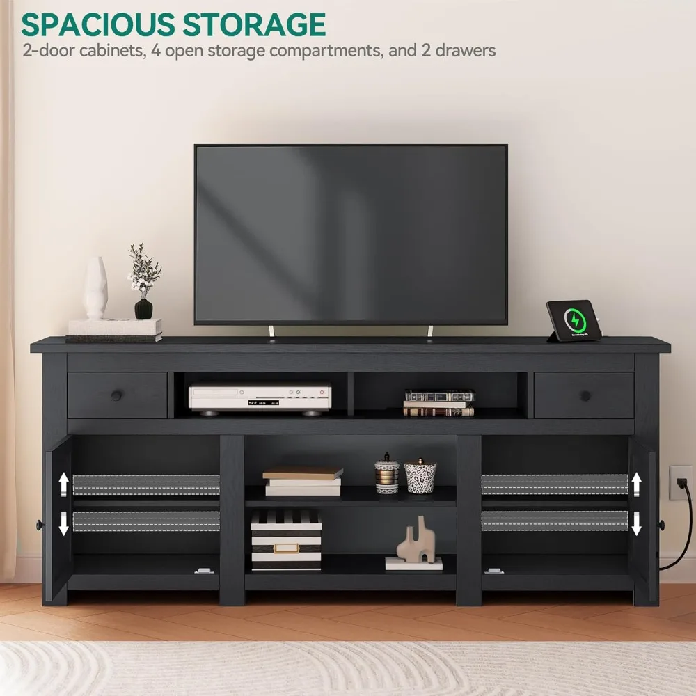 

Entertainment Center, TV Cabinet with Drawers and Power Outlets, Black TV Console