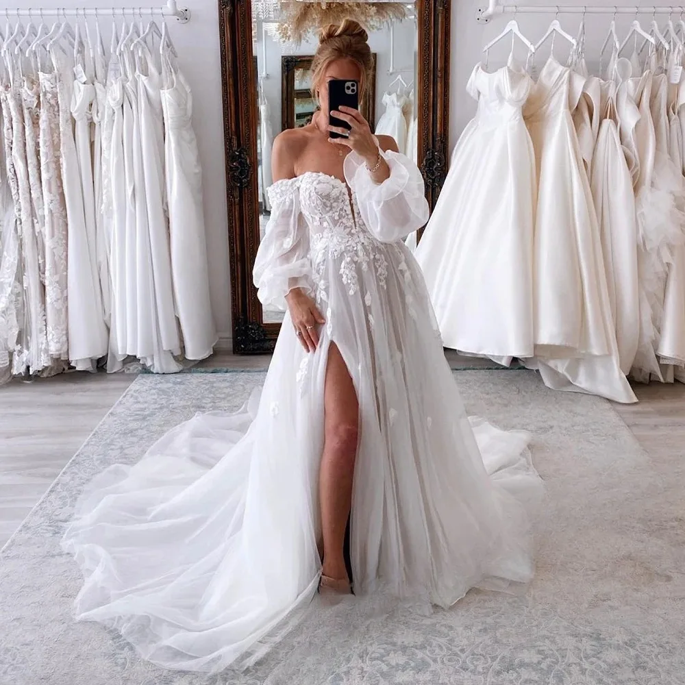 

Fashion Slit A-line Wedding Dresses For Bride Sweetheart Detachable Sleeves Appliques Floor Length Bridal Gown Vestido De Novia
