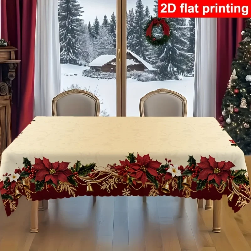 A pressed-edge Christmas bell-shaped red flower with gold border printed round tablecloth