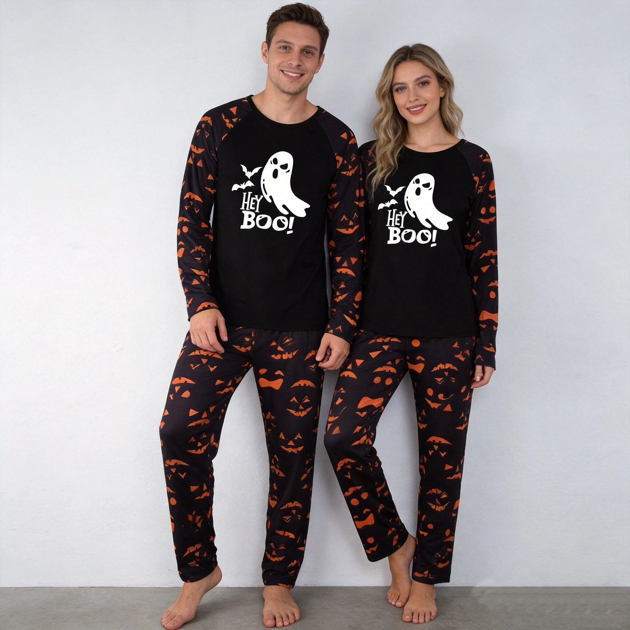 Adult Couple Halloween Pajama Set Holiday Party Ghost Print Long Sleeve Top Pumpkin Pants Matching Holiday Sleepwear Loungewear