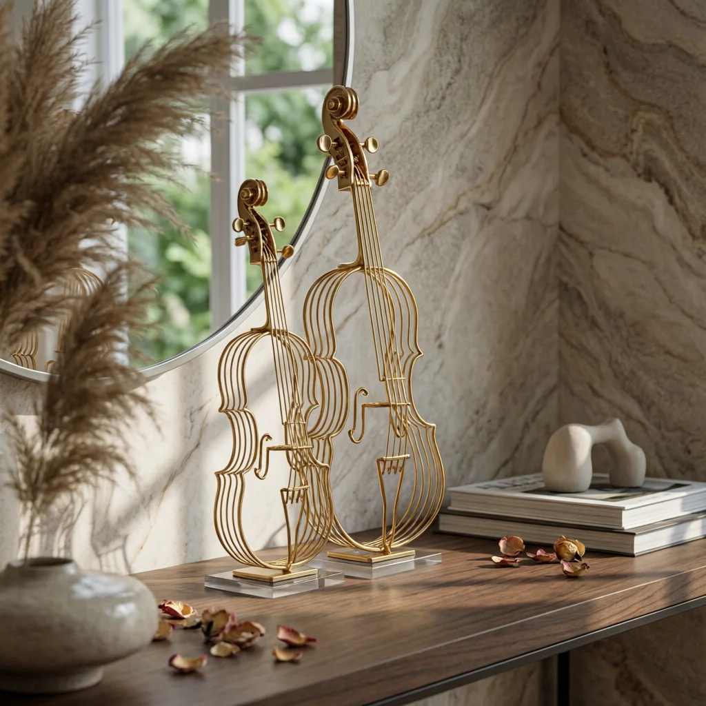 2 Pieces Violin Statue with Crystal Base Slender Violin Ornament Sculpture Modern Decor Geometric for Music Lovers, Living Room