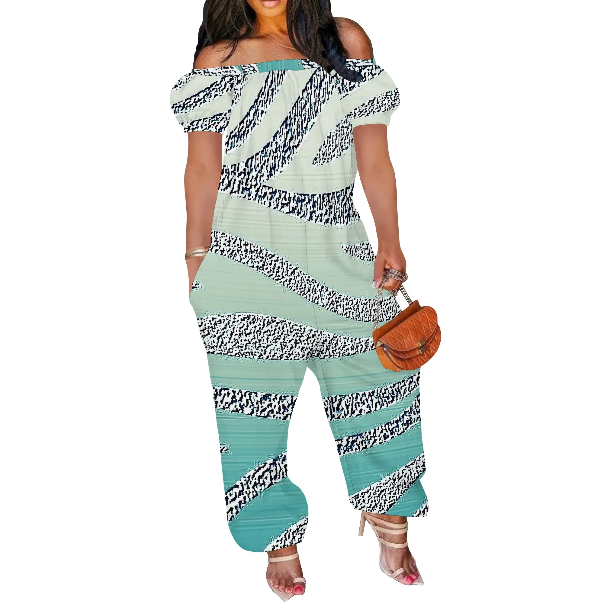 Women Plus Size One Piece Outfits Leopard Print Off Shoulder Short Sleeve Loose Long Pants Jumpsuits