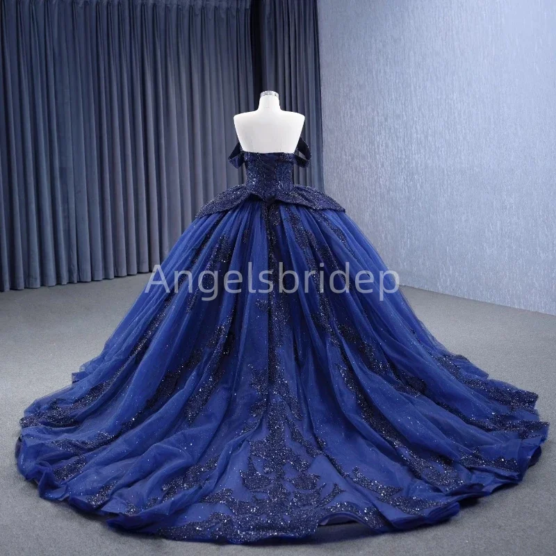 Angelsbride Navy Blue Ball Gown Quinceanera Dresses Vestidos De 15 Quinceañera With Beading Tiered Appliques Girl Party Dress