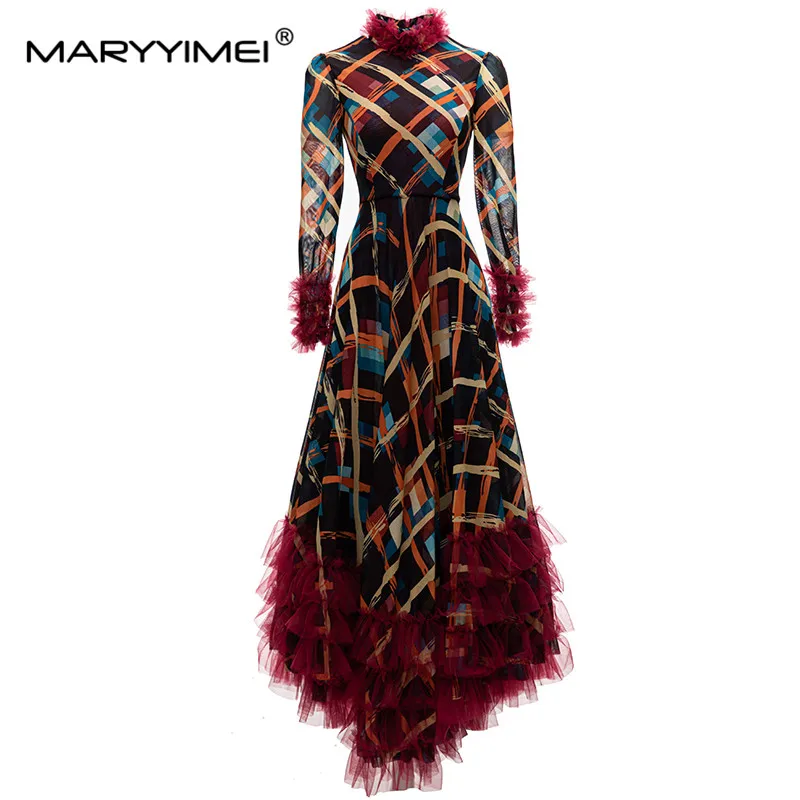 

MARYYIMEI Fashion Designer Autumn Women's dress Standing collar Plaid Print Asymmetrical Ruffles Slim Elegant Party Dresses