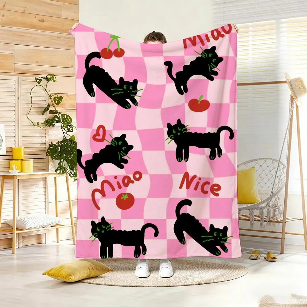 Fine Art C-Cute Black Cat Cherry Sweet Throw Lightweight 240g Flannel Blanket Soft Skin-friendly for Summer Cooling
