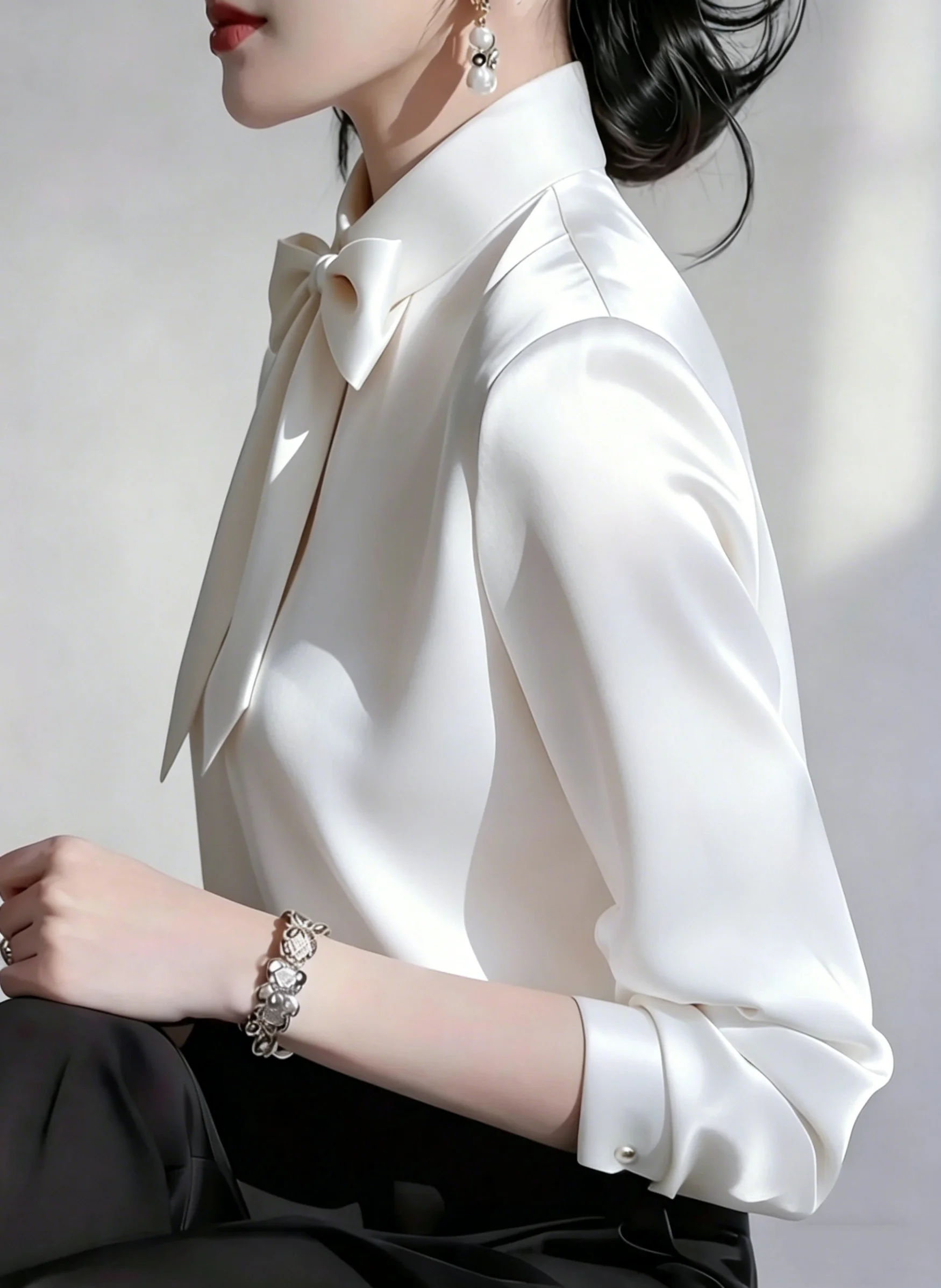 Elegant Satin Blouse With Detachable Bow Tie Detail Classic Collar Long Sleeve Formal Office Wear Top For Women