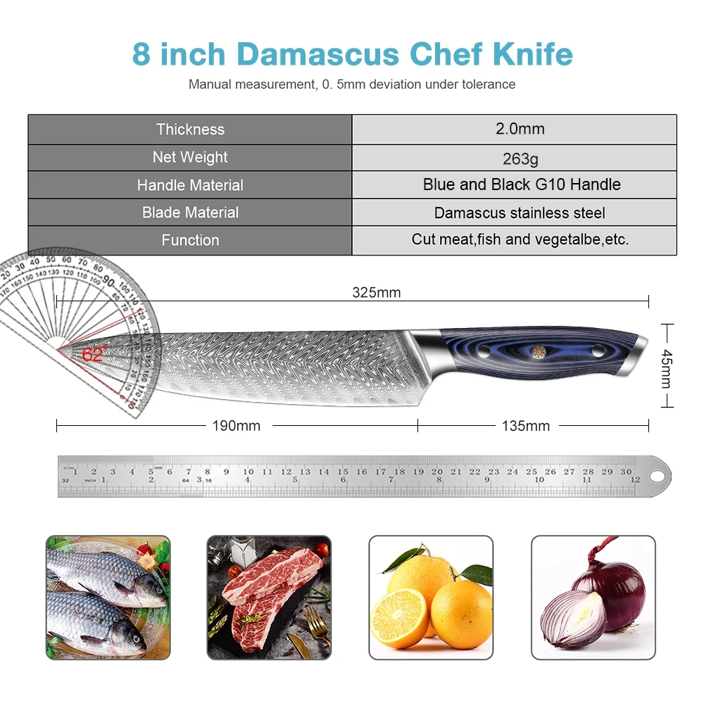 XITUO High Quality 8 inch Damascus Chef Knife AUS10 Stainless Steel Kitchen Knife Japanese Santoku Cleaver Meat Slicing Knife