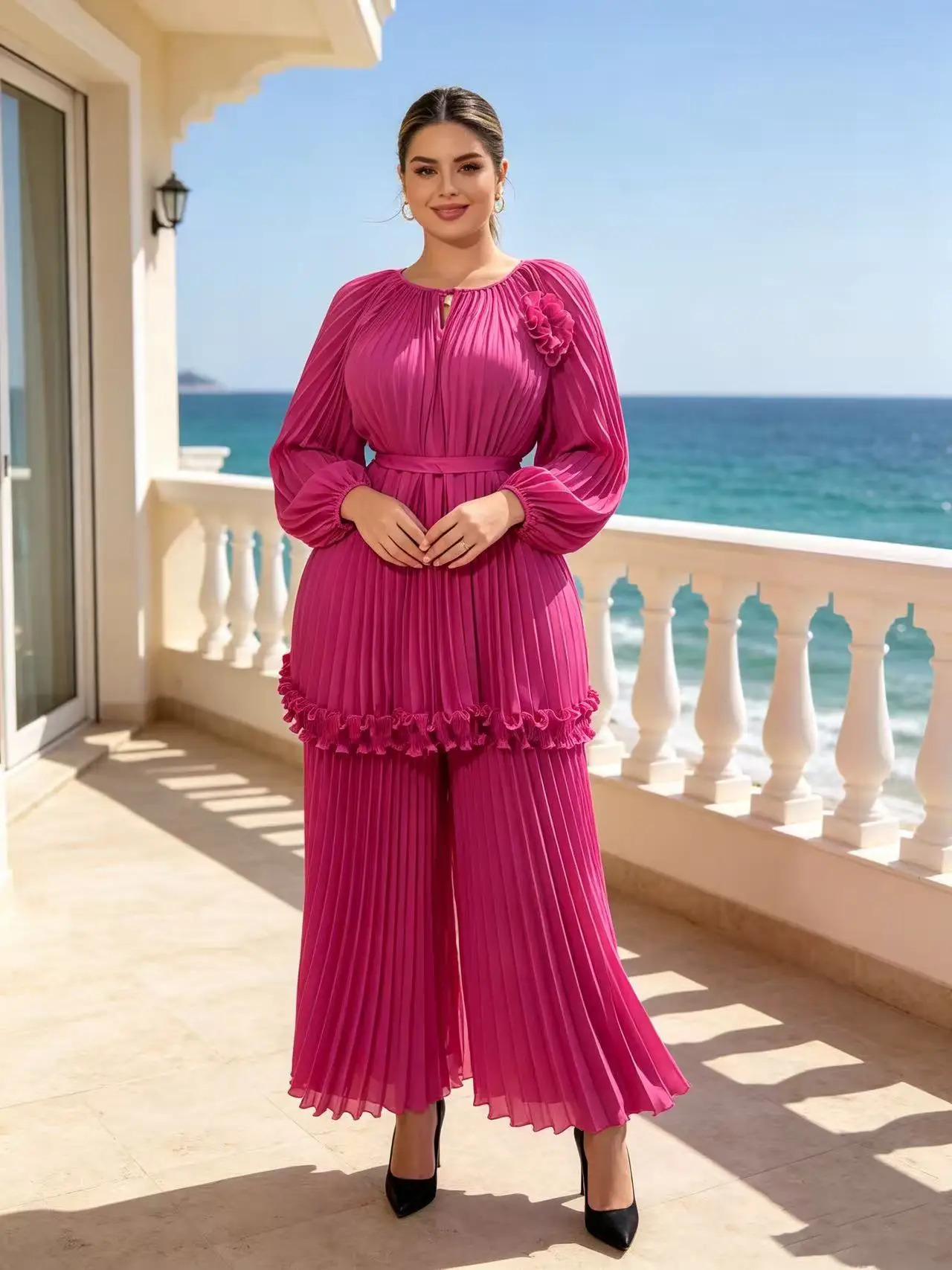 2026 Miyake Pleated Loose Women's Clothing Set, New Temperament Long-sleeved Pleated Long Wide-leg Pants Top Two-piece Set