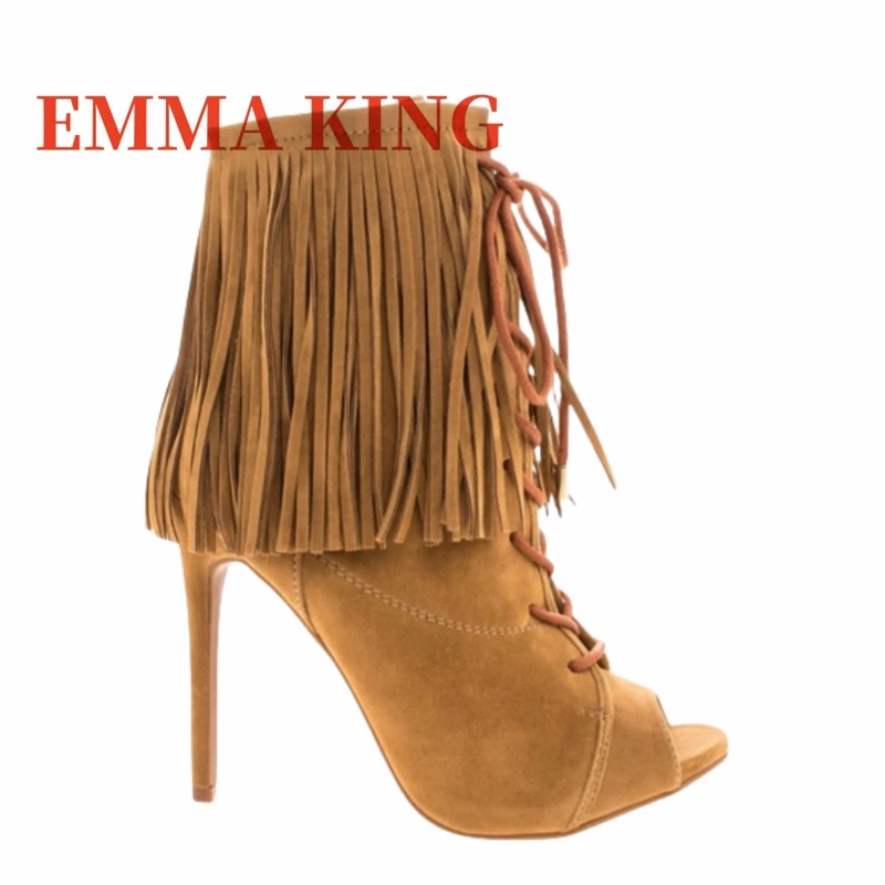 

Brown Suede Fringe Peep Toe Ankle Boots Fashion Pointed Toe V-Cut Side Zipper Plus Size Shoes For Women Vintage Lace-Up Sandals
