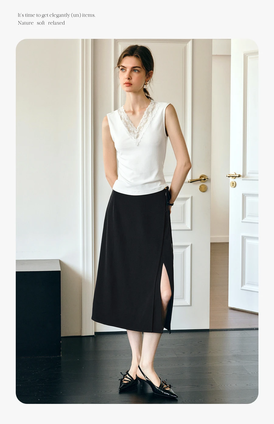 OLrain Black Slit Skirts Women 2025 Spring Summer Office Lady Lace-up Elegant Simple Split Midi Skirt Female Clothes O57XB96399