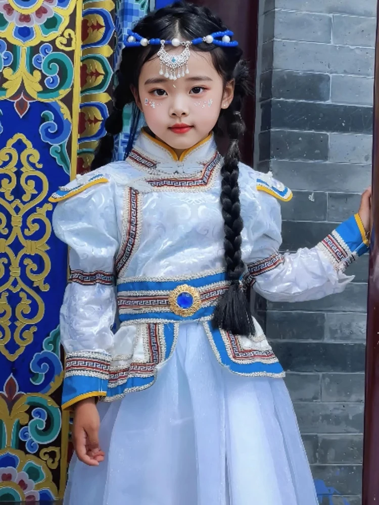 

Mongolian Ethnic Children's Dance Performance Costume White Clothing Girls' Traditional Ensemble Stage Outfit