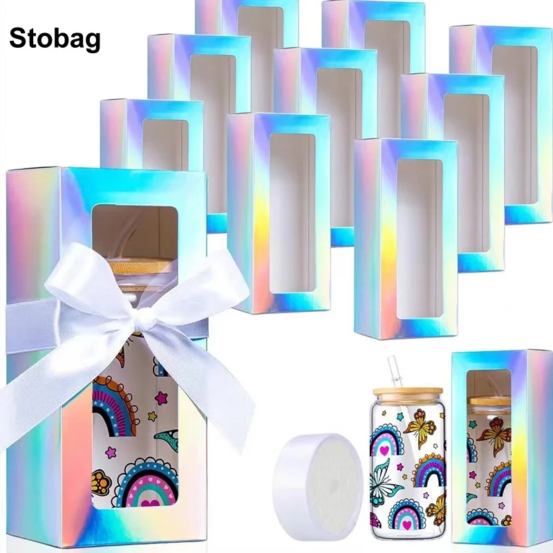 

StoBag 10pcs Laser/White/Black/Kraft Paper Gift Box Long with Window Packaging for Cake Candy Storage Baking Wedding Party