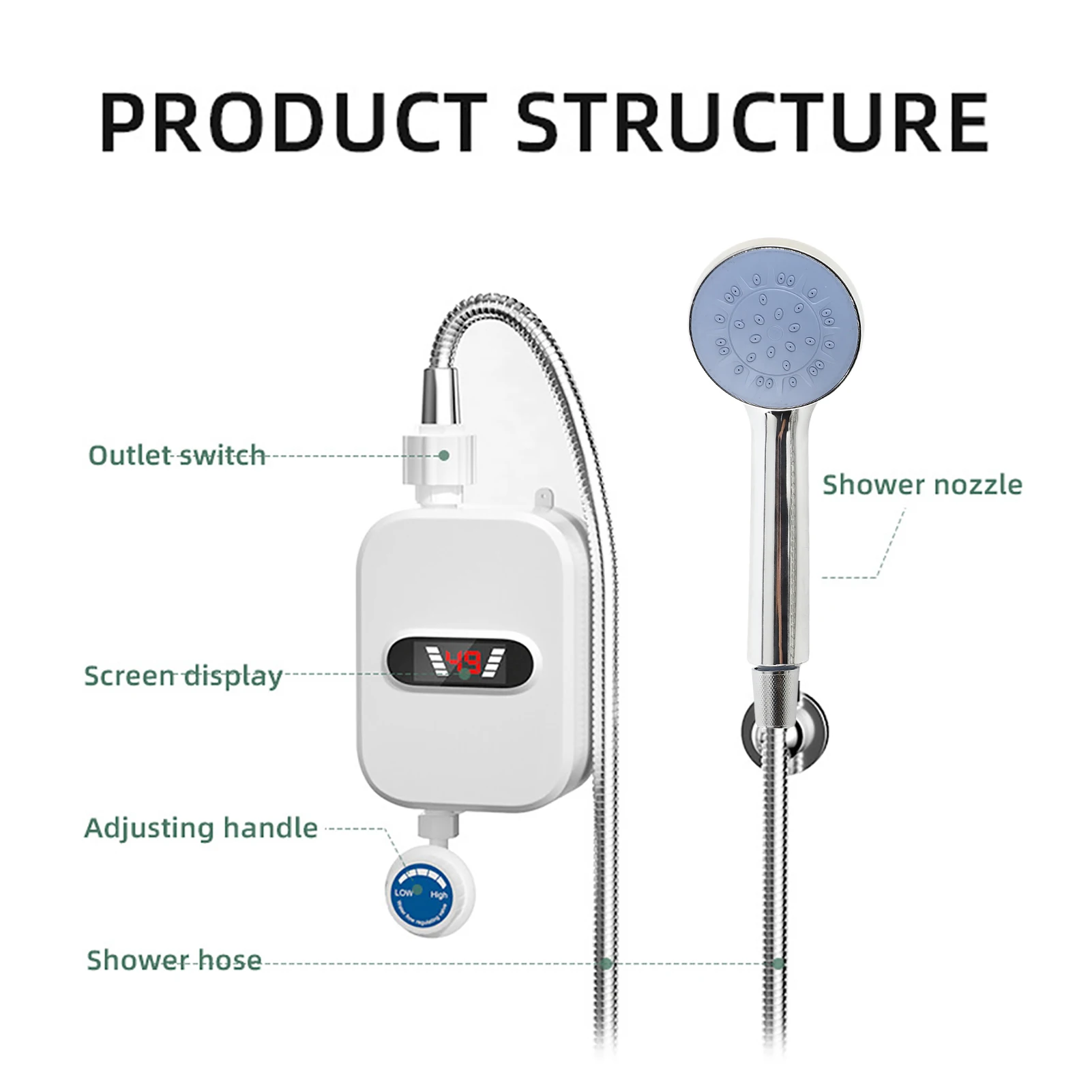 Pequeño calentador de agua eléctrico instantáneo pantalla LCD de temperatura IPX4 juego de dispositivo de calentamiento de agua de ducha de calentamiento rápido