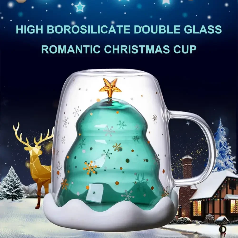 Christmas Supply Wish Cup Cartoon Double Layer Cup Cute Gift Water Coffee Cup Glass  Thicken Xmas Tree Mug Lid Kitchen Tools