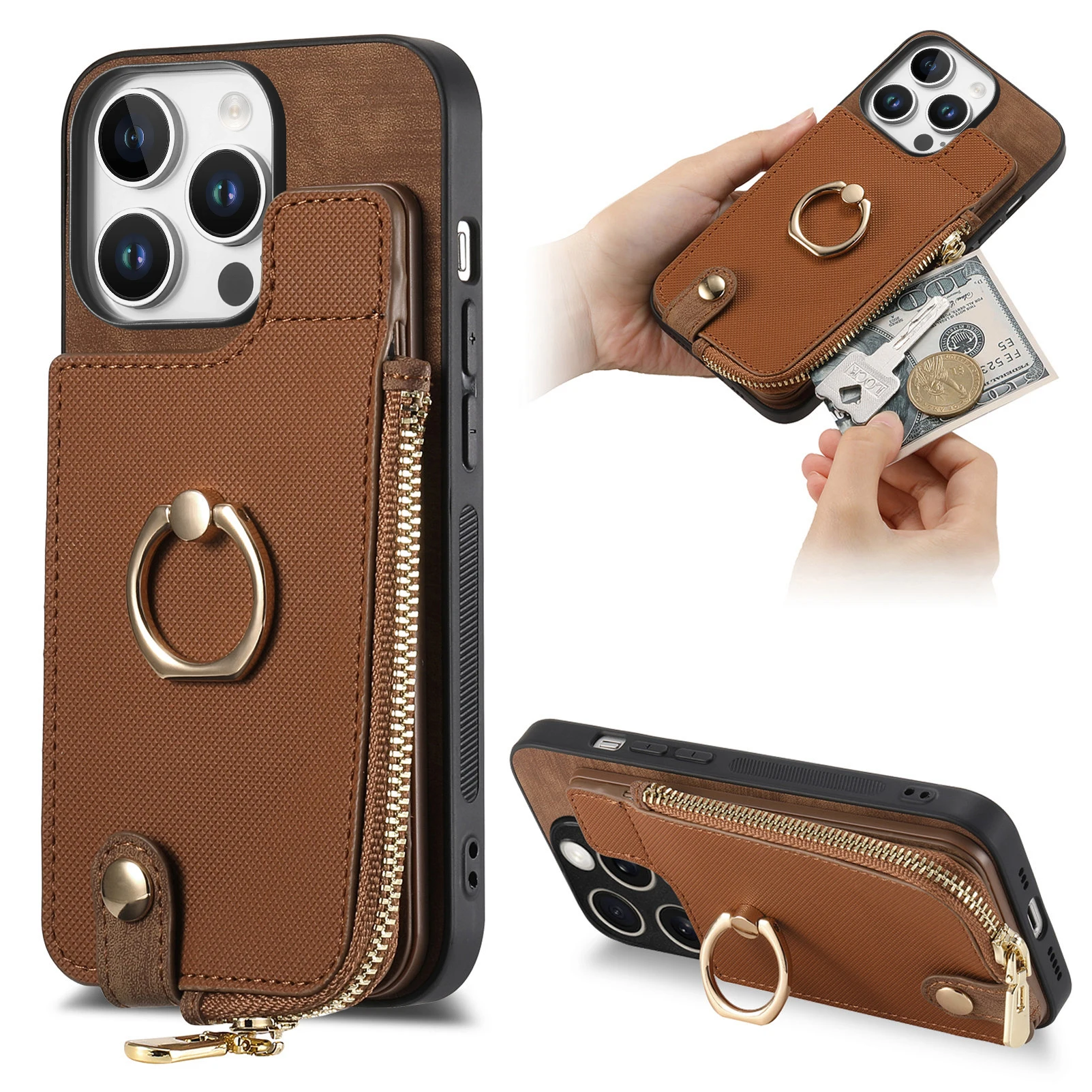 Wallet with Card Holder Ring Kickstand Zipper Leather Phone Case for iPhone 16 15 14 11 Pro Max XS XR 7 8 Plus 13 12 Mini Cover