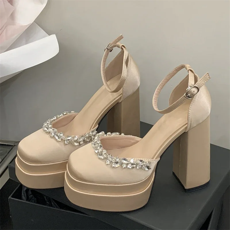 Women Shoes Fashion CRYSTAL Diamonds Round Toe Buckle High Heels New Platform Chunky Heels Banquet Ladies Shoes Zapatos De Mujer - Image 4