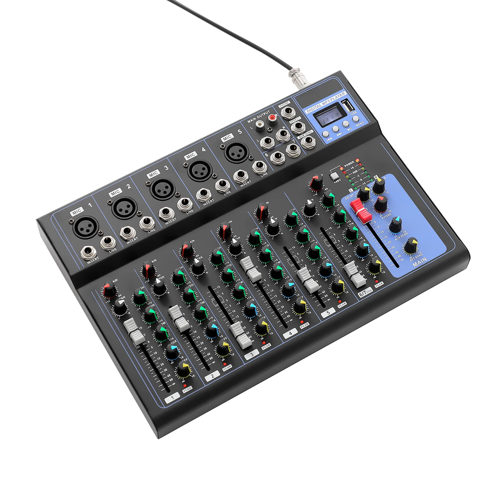 Mélangeur audio professionnel à 7 canaux avec EQ, alimentation fantôme 48 V, effets pour karaoké, studio d'enregistrement de performances en direct