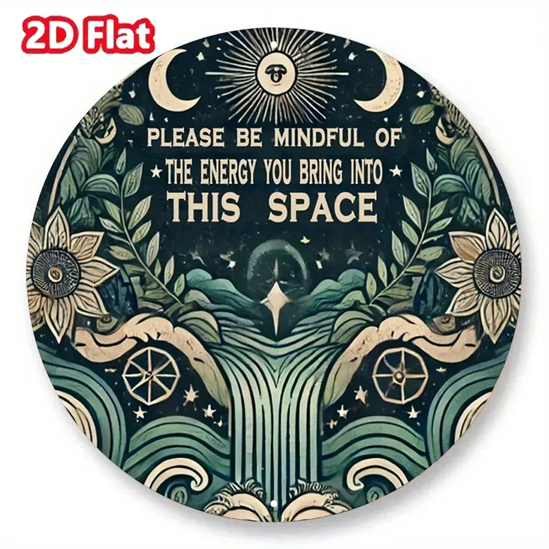 Mindful Energy Space Metal Sign - Vintage Floral and Moon Design Wall Art