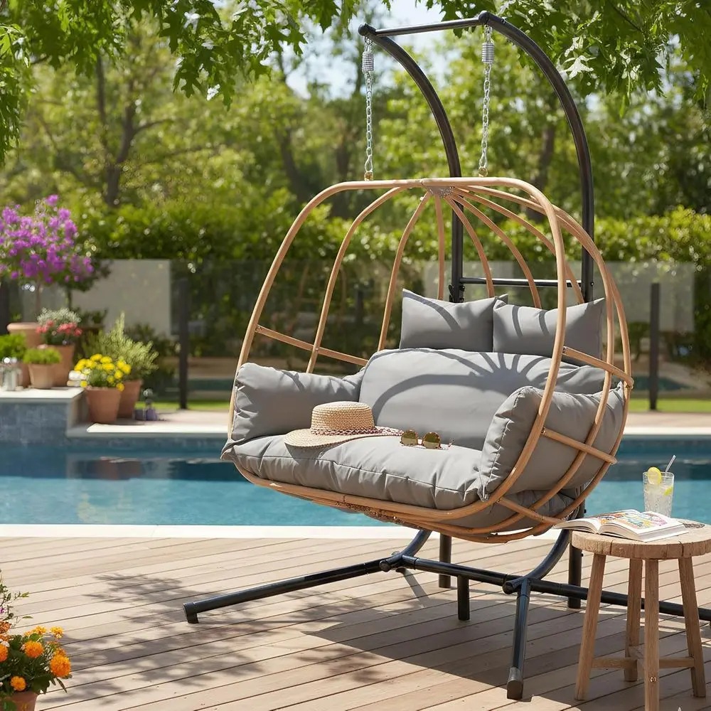 

Oversized Double Egg Chair Stand, Outdoor 2-Person Swing Chair, Patio Deck Loveseat, 600 lbs Capacity, Grey