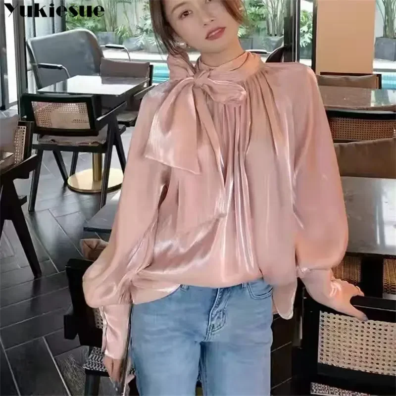 2023 Spring Summer New Fashion Korean Shirt Female Bow Tie Collar Retro Bubble Long-Sleeved Elegant Harajuku Temperament Blouse