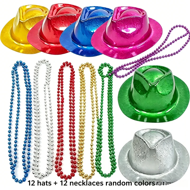 24pcs Color Plastic Party Hat with Carnival Bead Necklace, Fashionable Gold Pink Glitter Jazz Hat, Denim Hat, Dance Dress up Hat