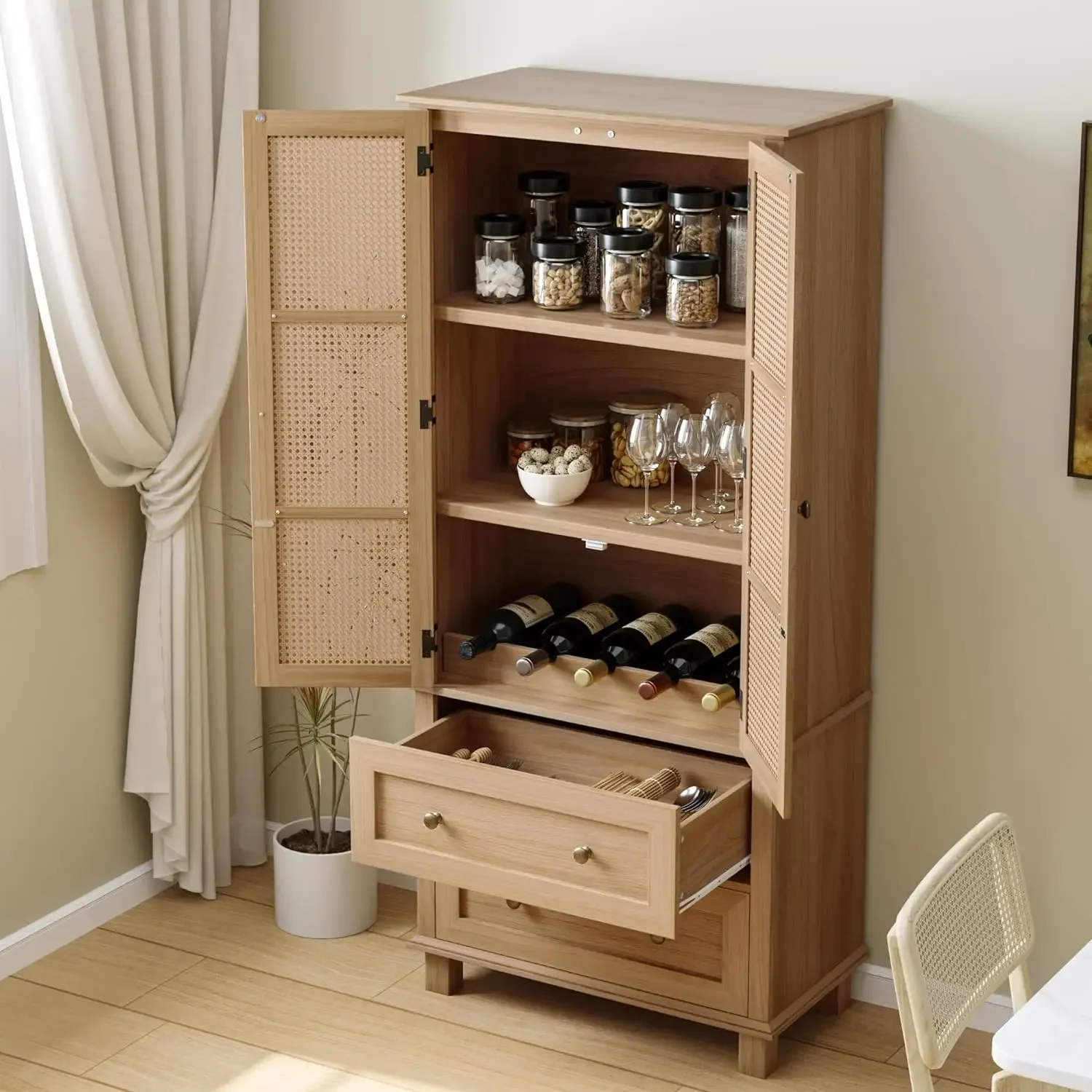 z Kitchen Pantry Storage Cabinet Tall Cabinet with Rattan Doors and 2 Drawer Freestanding Cupboard with Adjustable Shelves Util