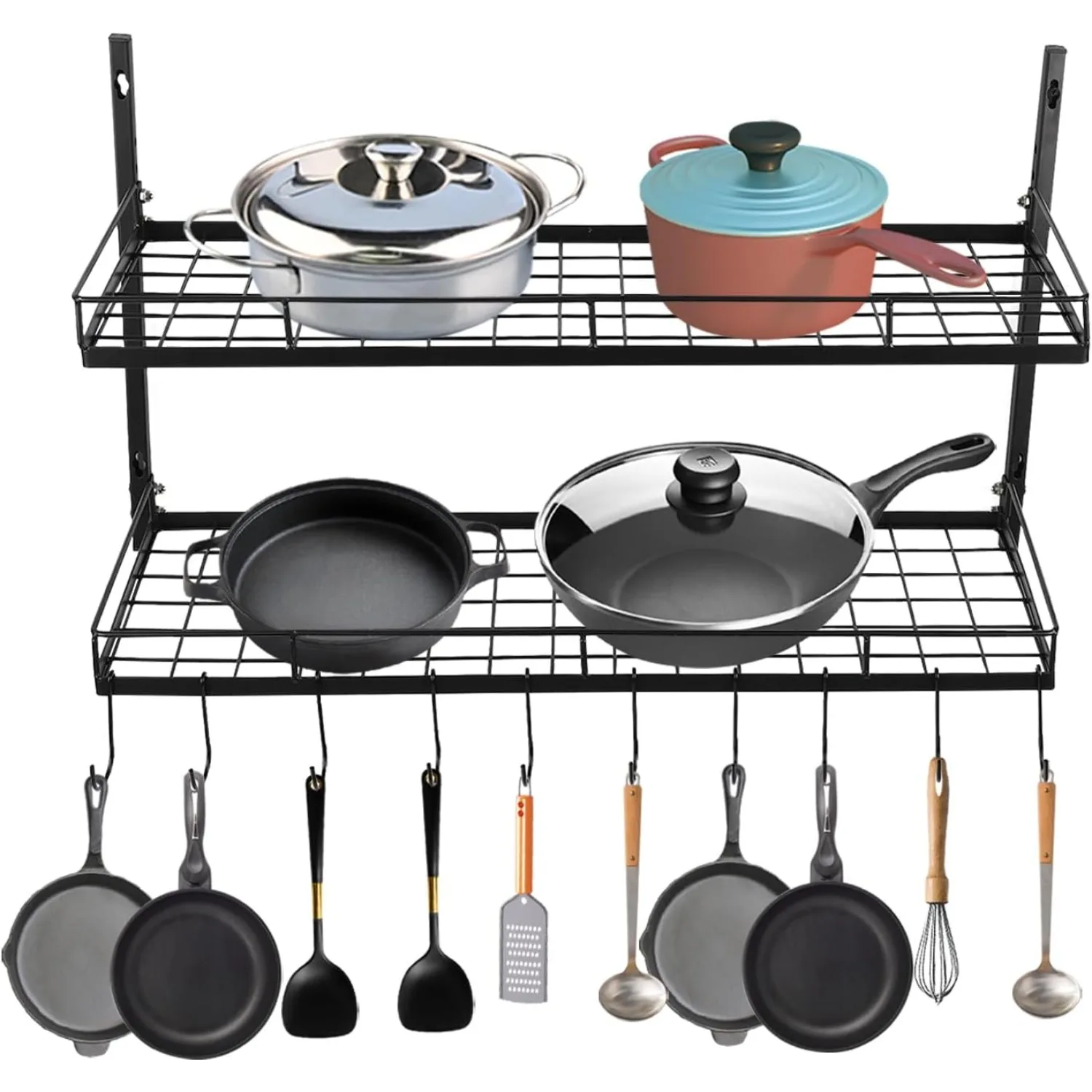 رف أوعية معلق بطبقتين، رف أوعية مثبت على الحائط مع 10 خطافات، رف تخزين المطبخ، رف معلق مثبت لتخزين المطبخ أ