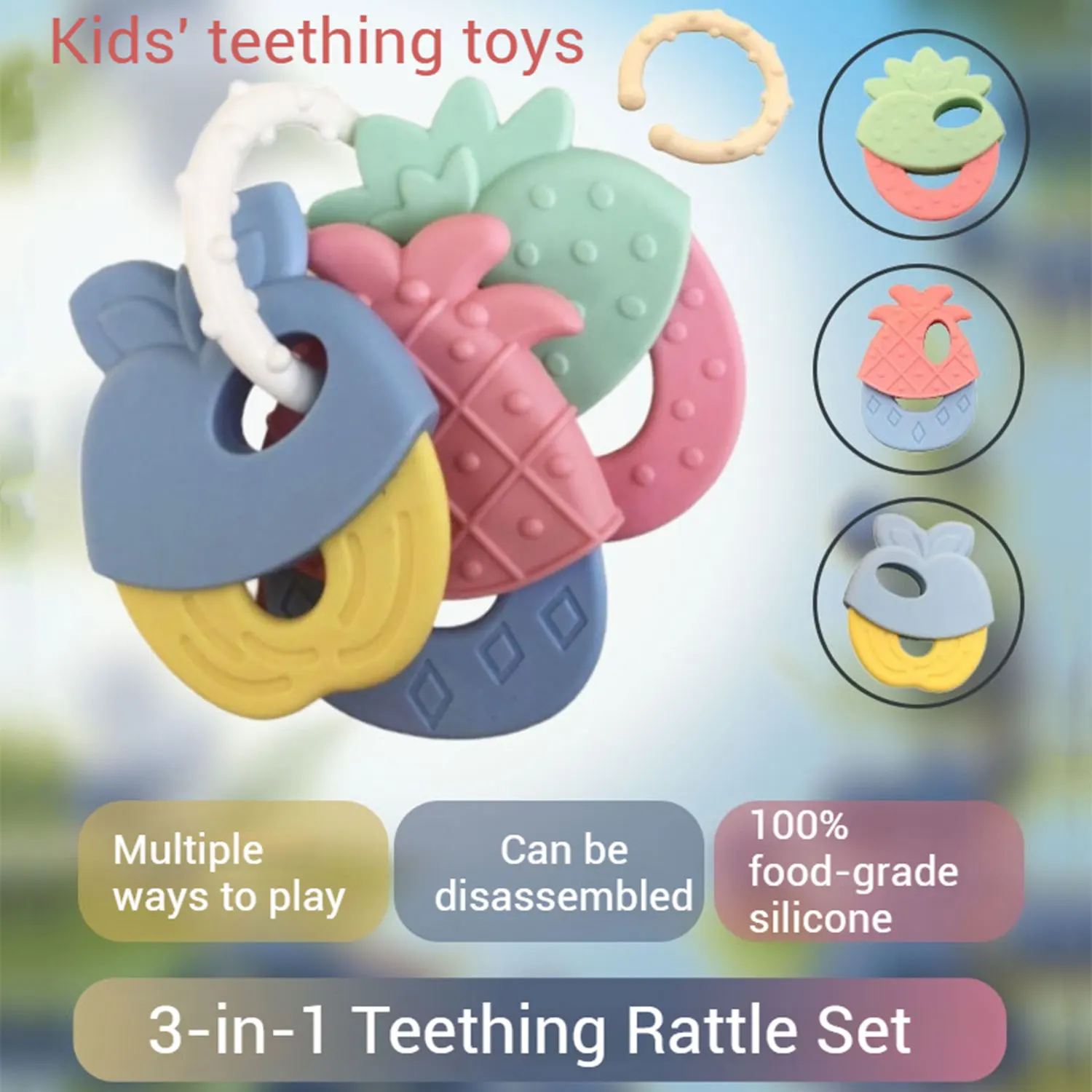 Mordedor de bebê três em um, formato de fruta, mordedor de silicone infantil, fixador de dentes molares, chocalho