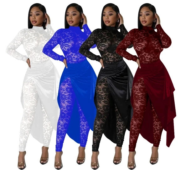 Sexy 2 Piece Sets Women Lace See Through Slim Long Sleeve Jumpsuit and Asymmetry Maxi Skirts Matching Set Nightclub Outfits