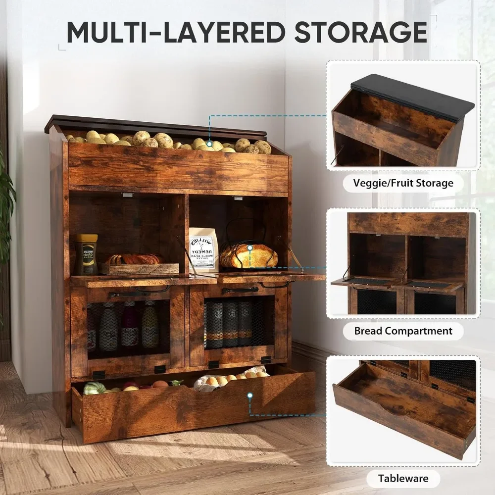 Wooden Potato Onion Storage Bin 4 Tier with Mesh Doors Drawer Kitchen Organizer