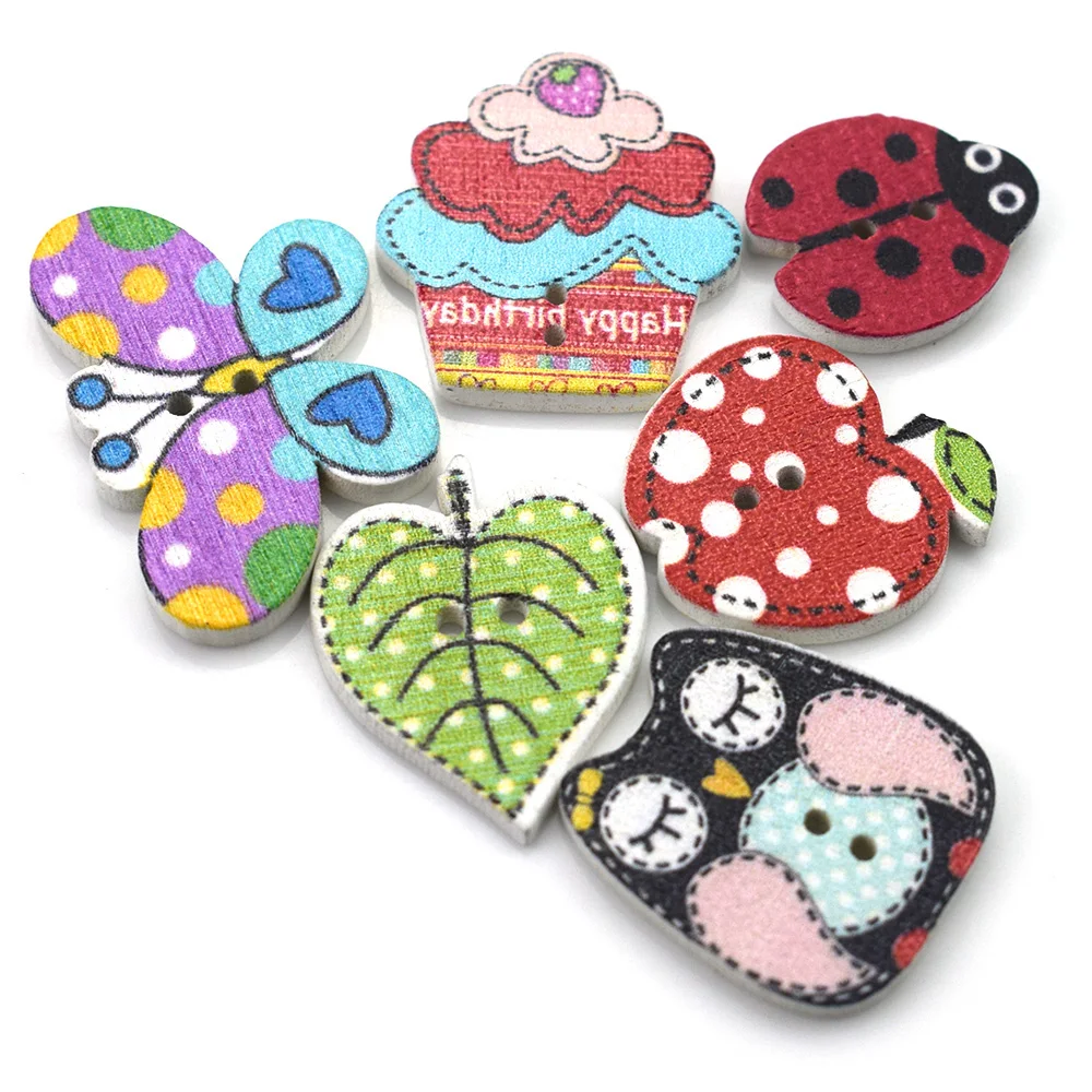 50PCS Mixed Apples Ladybug Buttons Wood 2 Holes Painted Ladybirds Cartoon Button Embellishments Scrapbooking Wooden Buttons