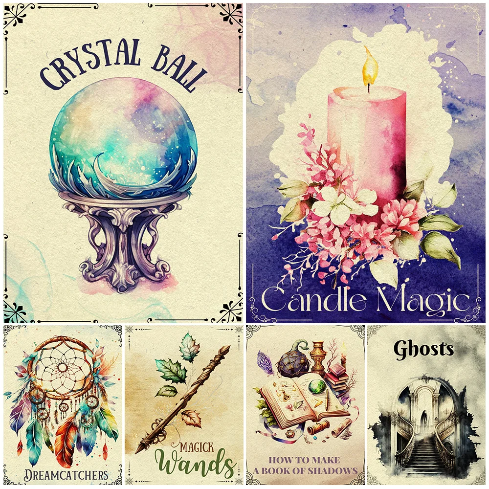 Broom,Auldron,Candle,Crystal Ball,Magick Wands,Vintage Wall Art Canvas Print Magic Illustration Art Poster Print Home Decoration