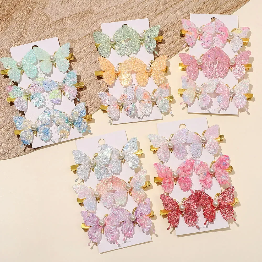 

6Pcs/set Shiny Butterfly Hair Clip Set Photography Dress Up Gift for Girls Butterfly with Pearl Hair Clip Hairbows for Girls