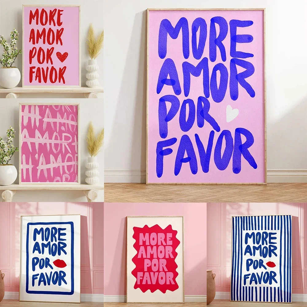 

Maximalist More Amor Por Favor Love Quote Wall Art Canvas Painting Eclectic Blue Pink Poster Prints Pics For Modern Home Decor