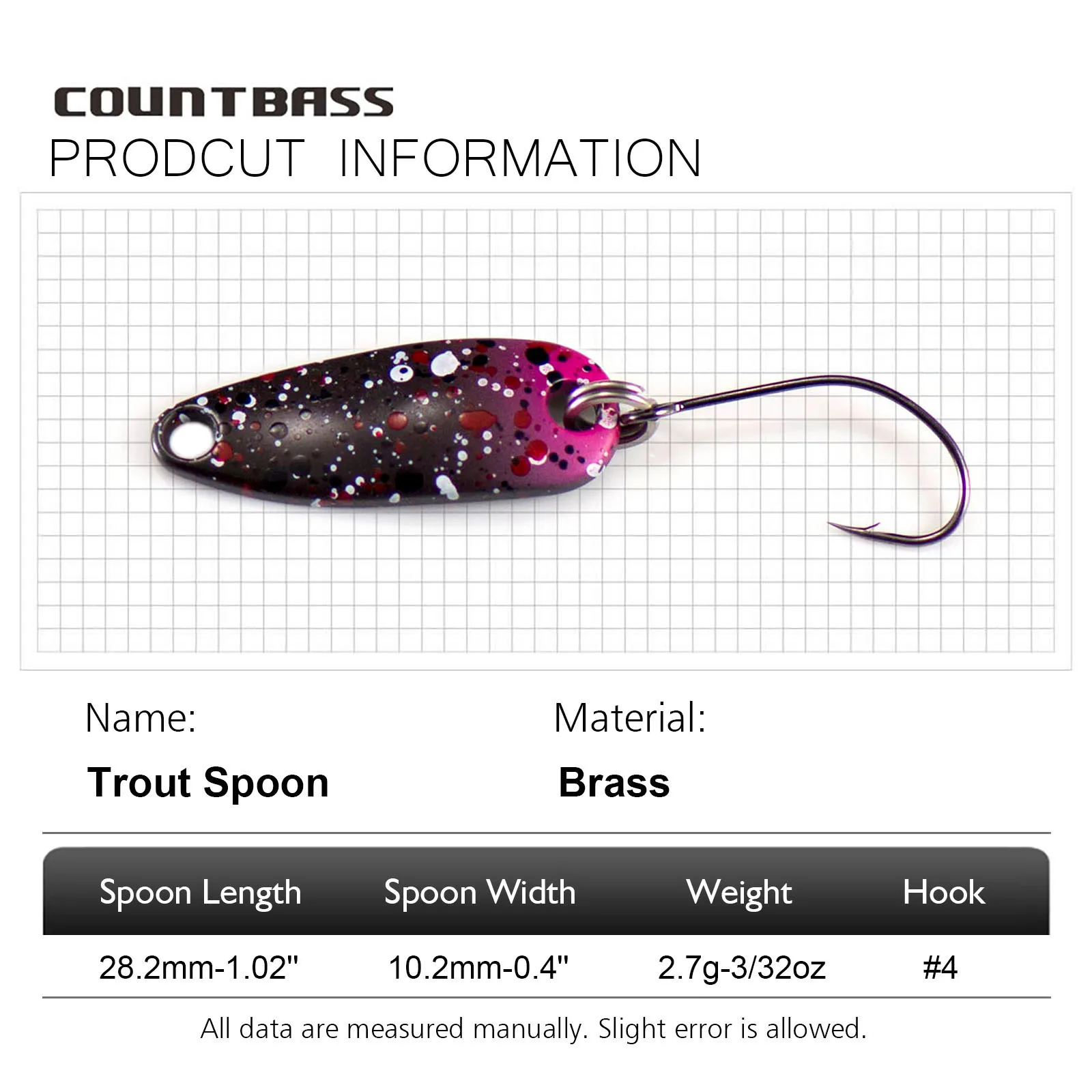 Countbass 6 PCS Casting Spoon 28.2x10.2mm, 2.7g  3/32oz With Korean Single Hook, Salmon Trout Pike Bass Fishing Lures