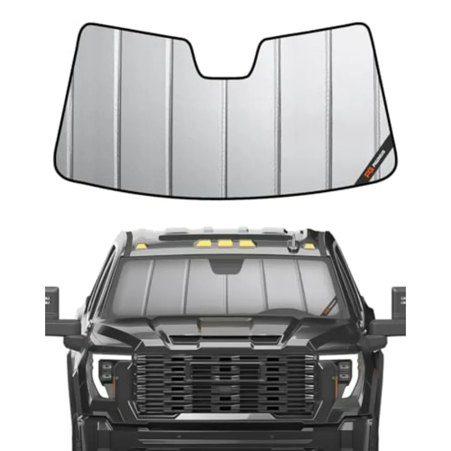 

Windshield Sun Shade for Chevy Silverado GMC Sierra 1500/2500/3500 2019-2026: Premium Grey Leather, UV Protection, Custom Fit f