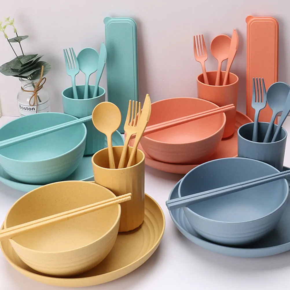 

32 Pieces Portable Dining Set Tableware Bowls Plates Cups Forks Knives Spoons Chopsticks Kitchen Accessories Mixed