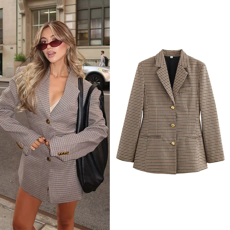 

hipSeam Women's Retro Checker Commuter Suit Jacket V-neck Single Breakfast Elegant Women's Casual Pocket Jacket Y2K