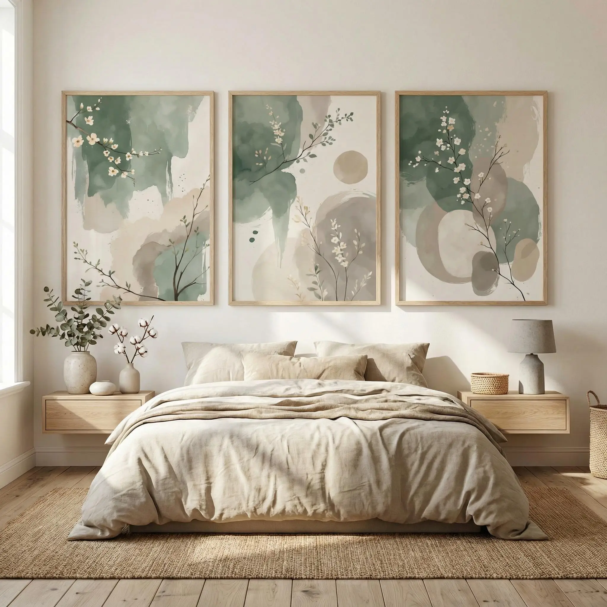 3pcs frameless Canvas Painting 3PC Japandi Botanical Wall Art Poster Abstract Watercolor Leaves Sage Spring Green Beige Prints M