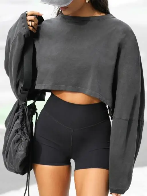 

Casual, Minimalist and Fashionable Autumn Solid Color Round Neck Loose Short Top with Exposed Navel, Loose Long Sleeved Top