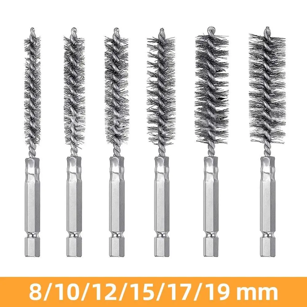 1/6 buah alat poles cuci sikat bor baja tahan karat dengan pegangan sikat Borebrush kawat putar 8-19mm 1/4 6.35mm Shank Hex