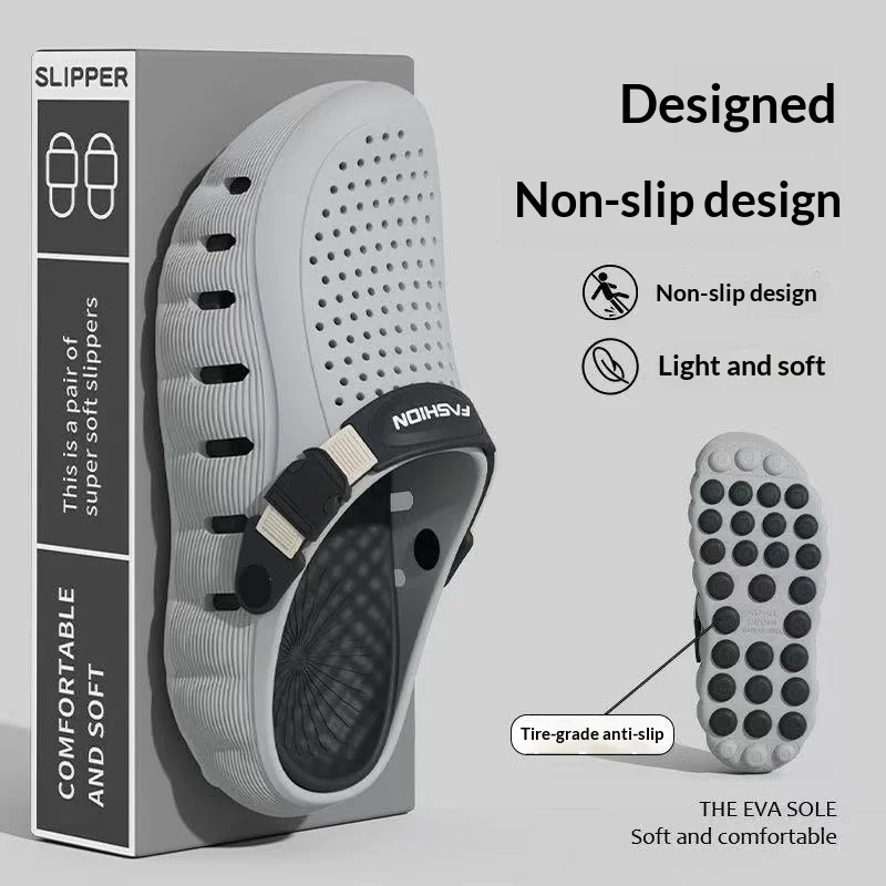 Herren-Lochschuhe, Rutschfeste Weichsohlen-EVA Zweifach Tragbare Coole Pantoffeln, Atmungsaktive Sommer-Outdoor-Strandschuhe – Detail 4