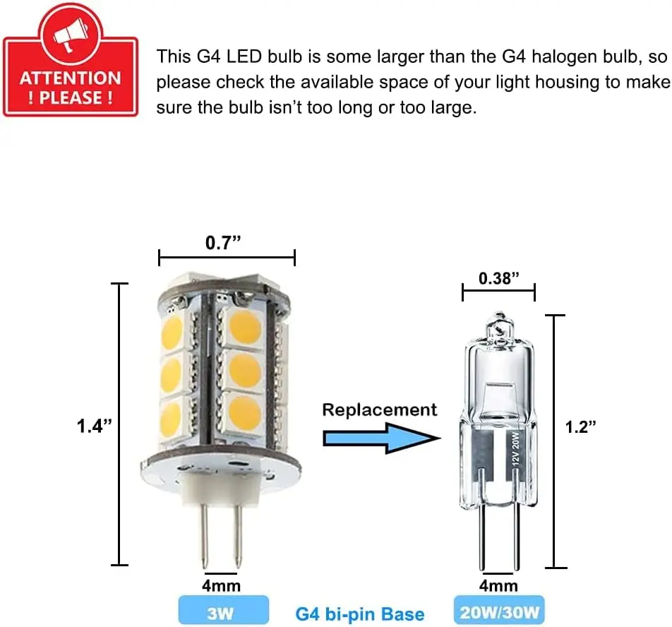 AC DC 12V 3W G4 LED Lamp Bulb Equivalent to 20W T3 JC Type Bi-Pin 2700K for Ceiling Lights RV Boats Outdoor Landscape Lighting