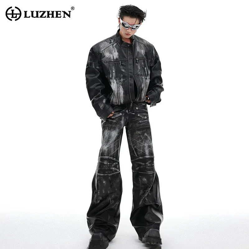 LUZHEN Vintage Leather Jacket Loose Motorcycle 2024 Wornout Design High Street Trendy Pants Men\'s Luxury Temperament LZ5321