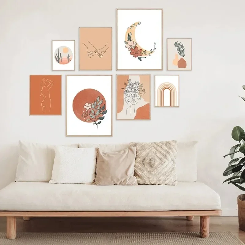 Unframe Abstract Line Drawing Woman Sun Moon Print Rainbow Flower Wall Art Posters Minimalist Print Canvas Painting for Home Dec