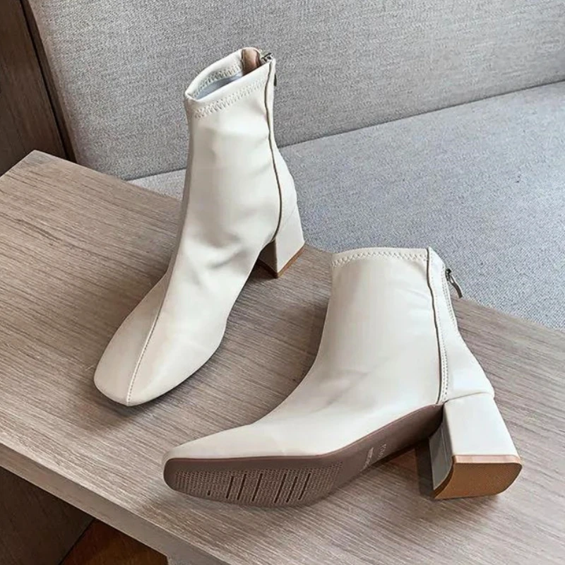 Low Heel Ankle Boots Women Square Toe Skinny Chunky Boots Pu Leather New Fall Winter 2023 Comfort Fashion Beige Chelsea Boots