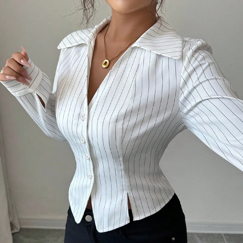 

New Temperament Striped Long-sleeved Slim Lapel High-waisted ShirtAutumn Women's