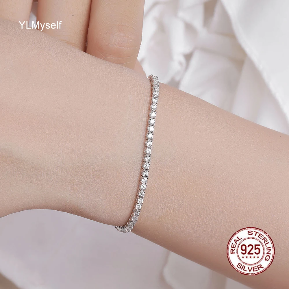 YLMyself سوار تنس من الفضة النقية عيار 925 كامل 2 مم مكعب زركونيا من الفضة الإسترليني 15/16/17/18 سم