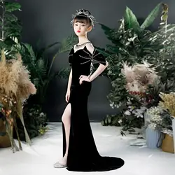 Big Girls Black Formal Party Gown Little Girls Elegant Slit Banquet Dress Junior Girls Kids Long Cocktail Dresses Peformance